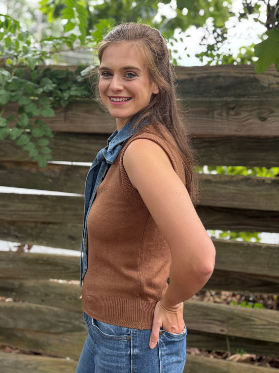Denim Tie Neck Sleeveless Knit Top