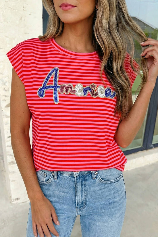Stripe Sequin America Letter Patched Cap Sleeve Top