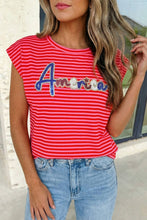 Load image into Gallery viewer, Stripe Sequin America Letter Patched Cap Sleeve Top
