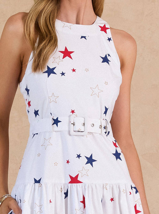 Star Printed Belted Sleeveless Midi Dress