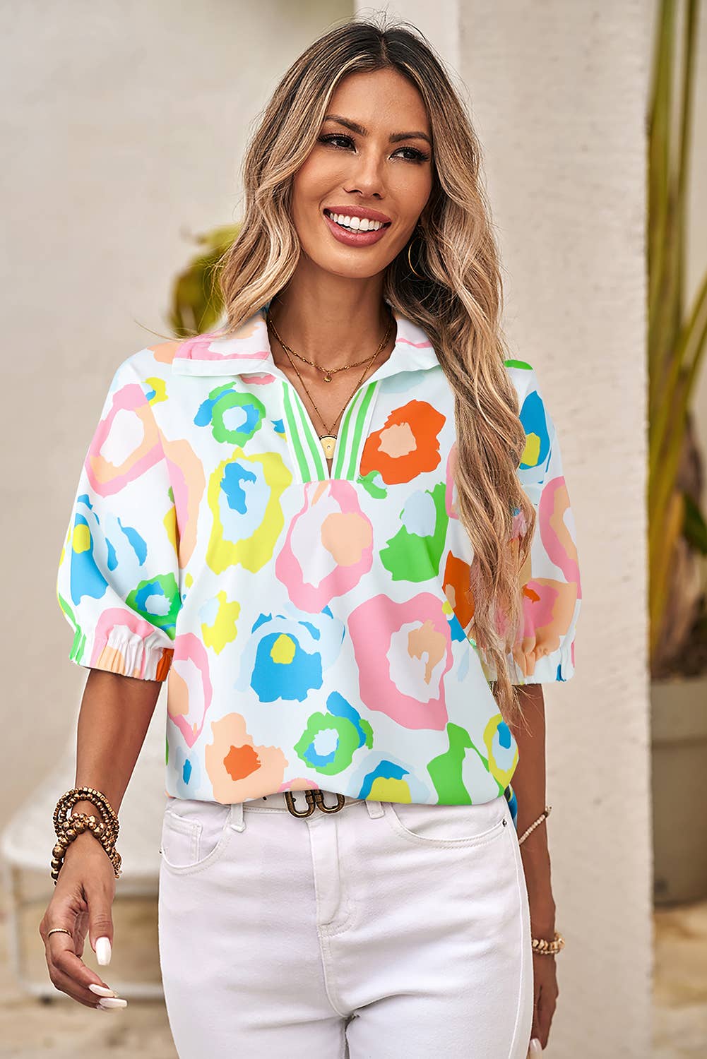 Leopard Short Sleeve V Neck Blouse