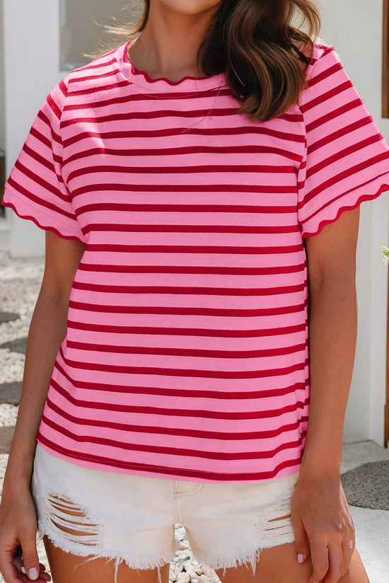 Spring Scalloped Trim Round Neck Stripe Top