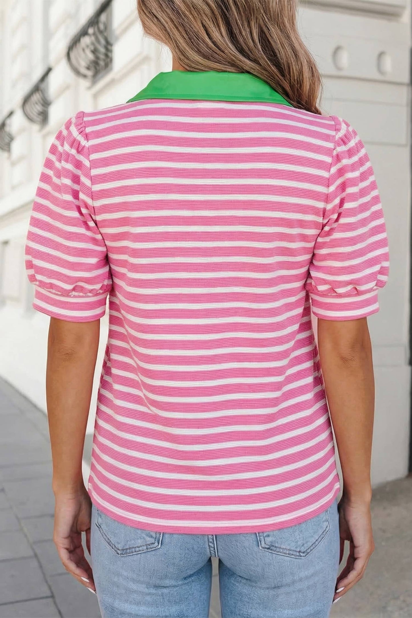 Stripe Short Puff Sleeve Collared Blouse