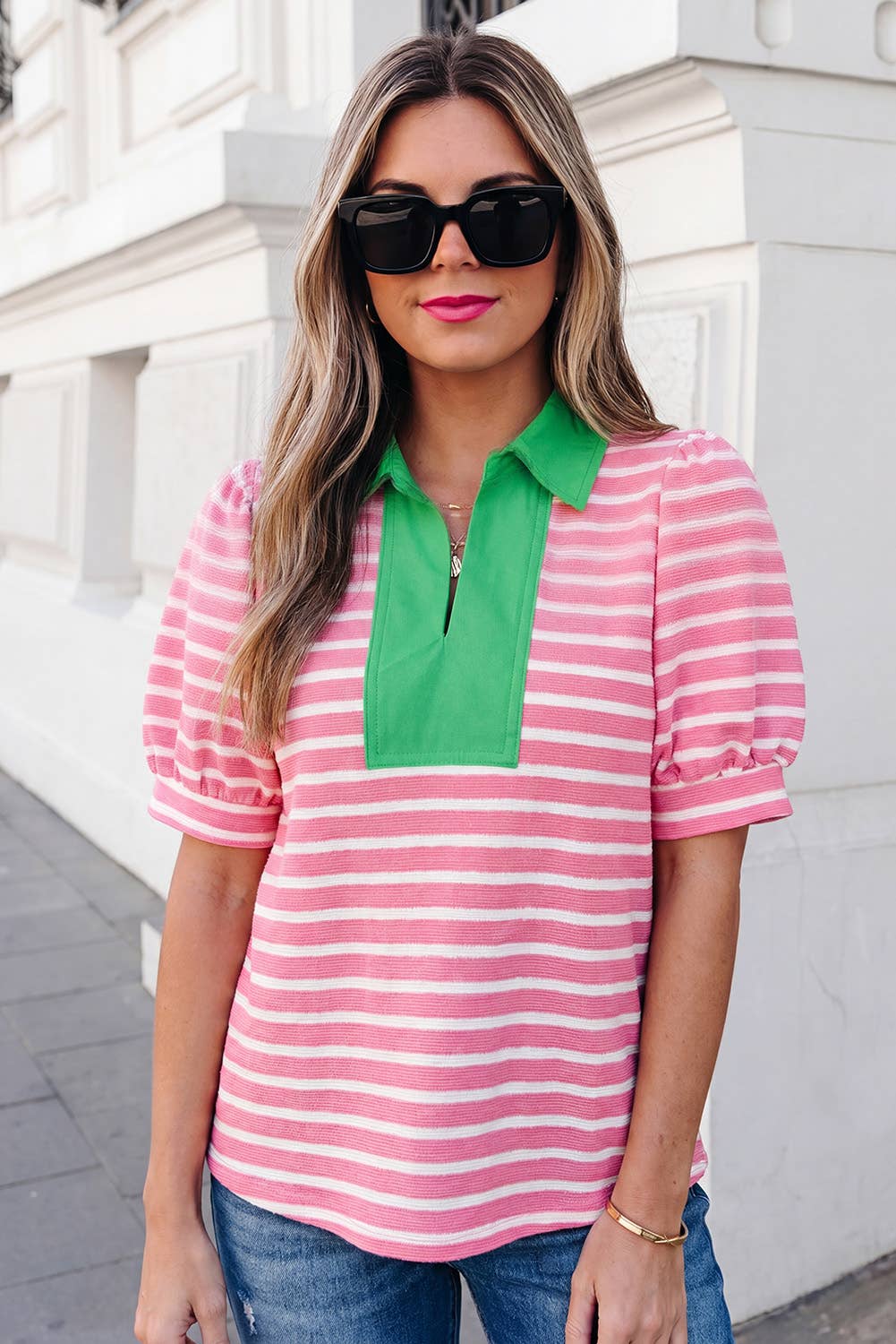 Stripe Short Puff Sleeve Collared Blouse