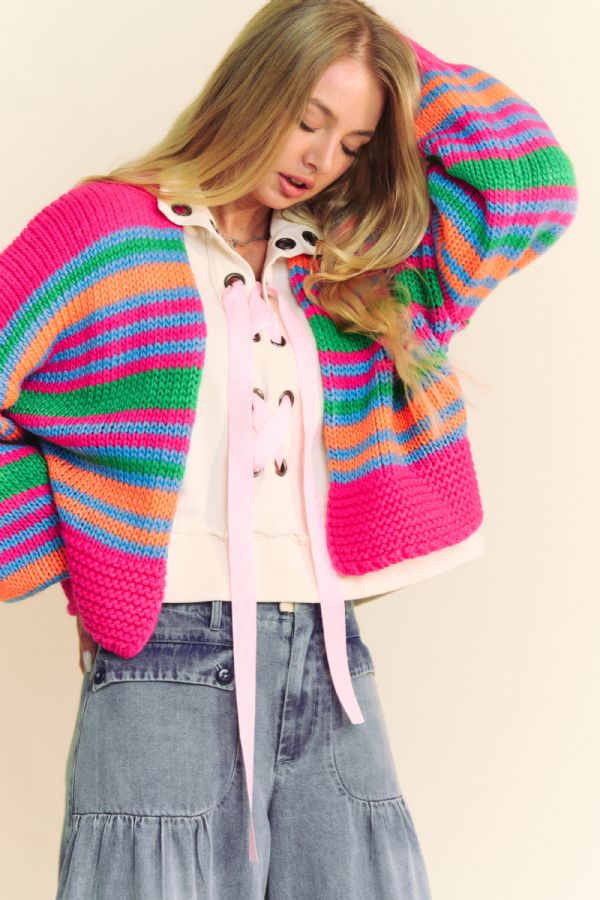Chunky Striped Open-Front Cardigan