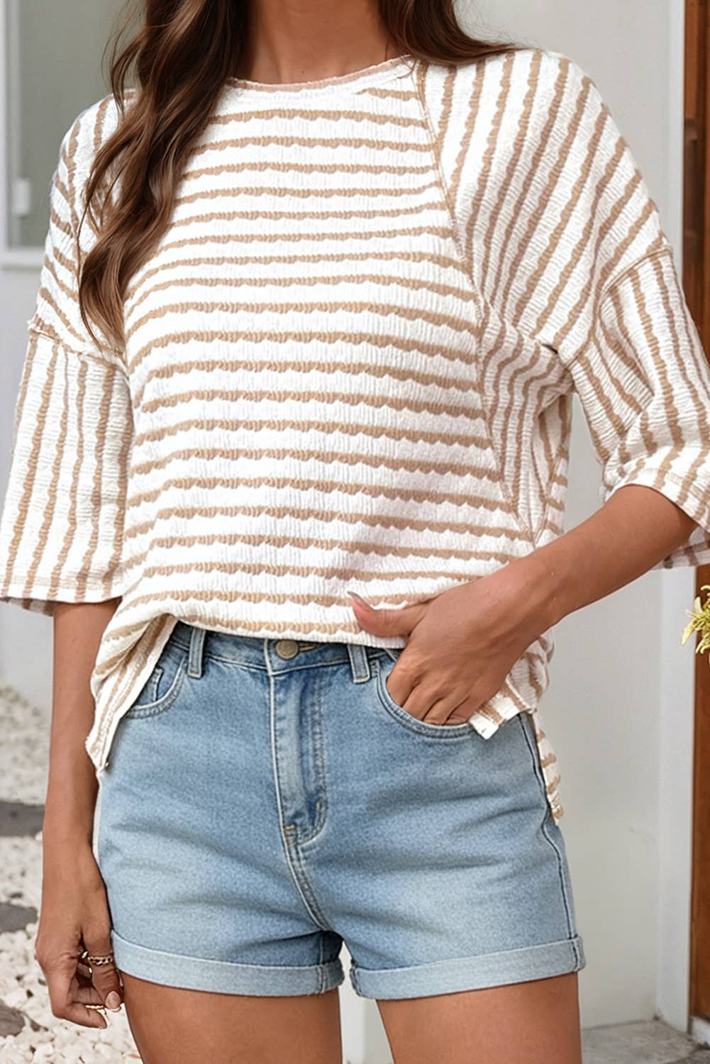 Striped Textured Knit Split Top