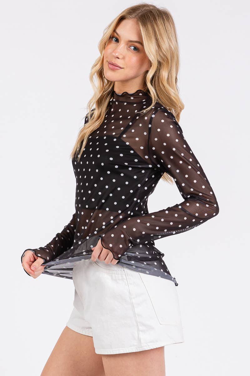 Polka Dot Mesh Long Sleeve Top