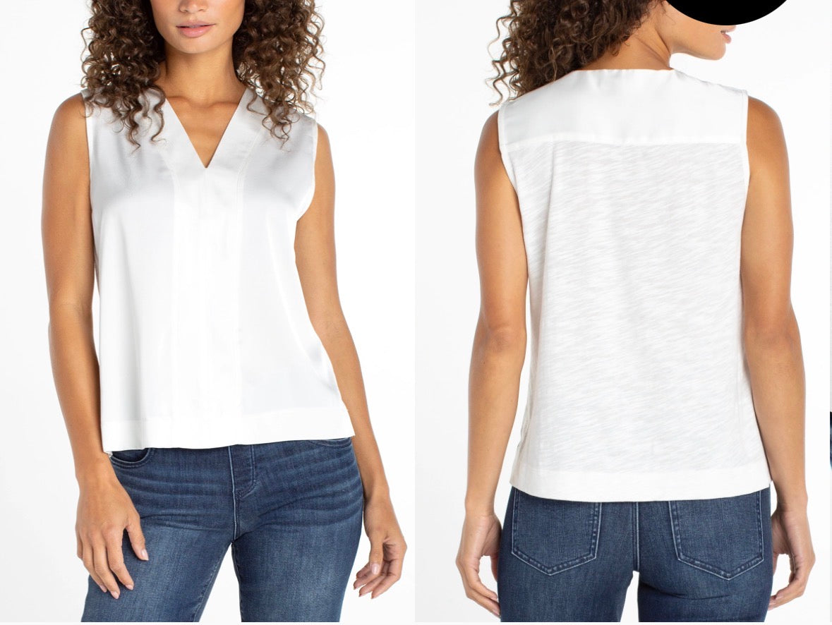 Sleeveless V-neck Woven-to-knit Top