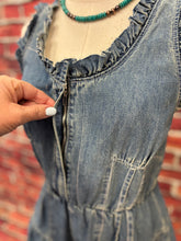 Load image into Gallery viewer, Ruffled Denim Open-Back Romper
