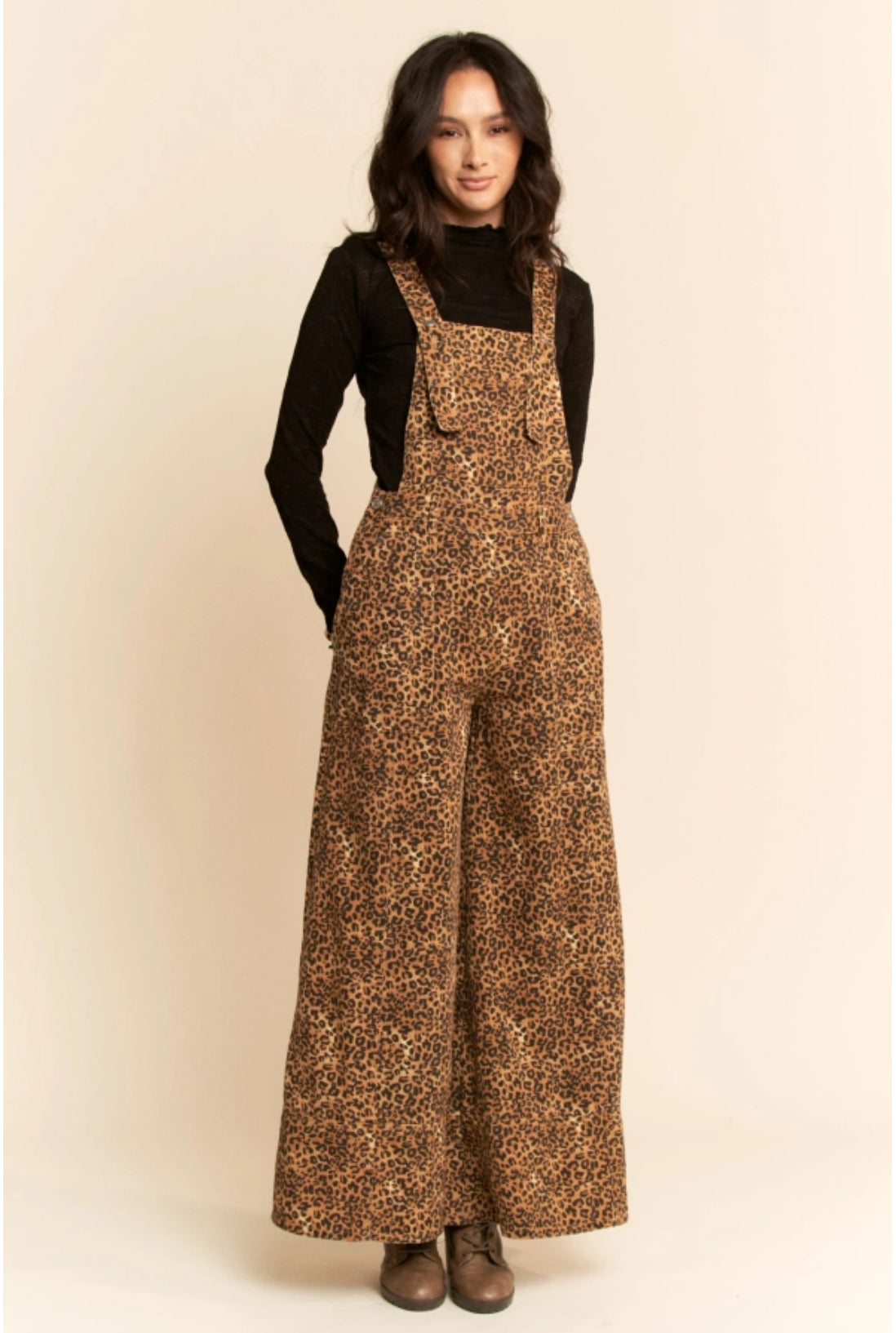 Animal Printed Denim Wide Open Leg Overall Pants