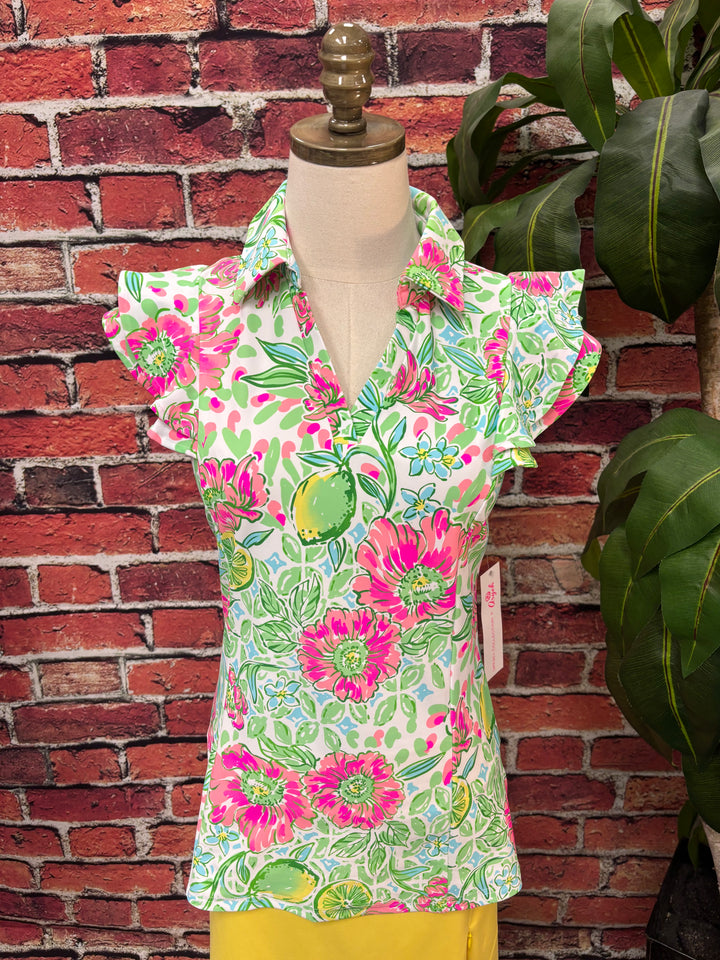 Lemon Blossom Ruffle Polo Top