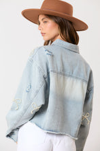 Load image into Gallery viewer, Crop Denim Pearl Bow Embellishment Jacket
