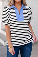 Load image into Gallery viewer, Stripe Short Puff Sleeve Collared Blouse
