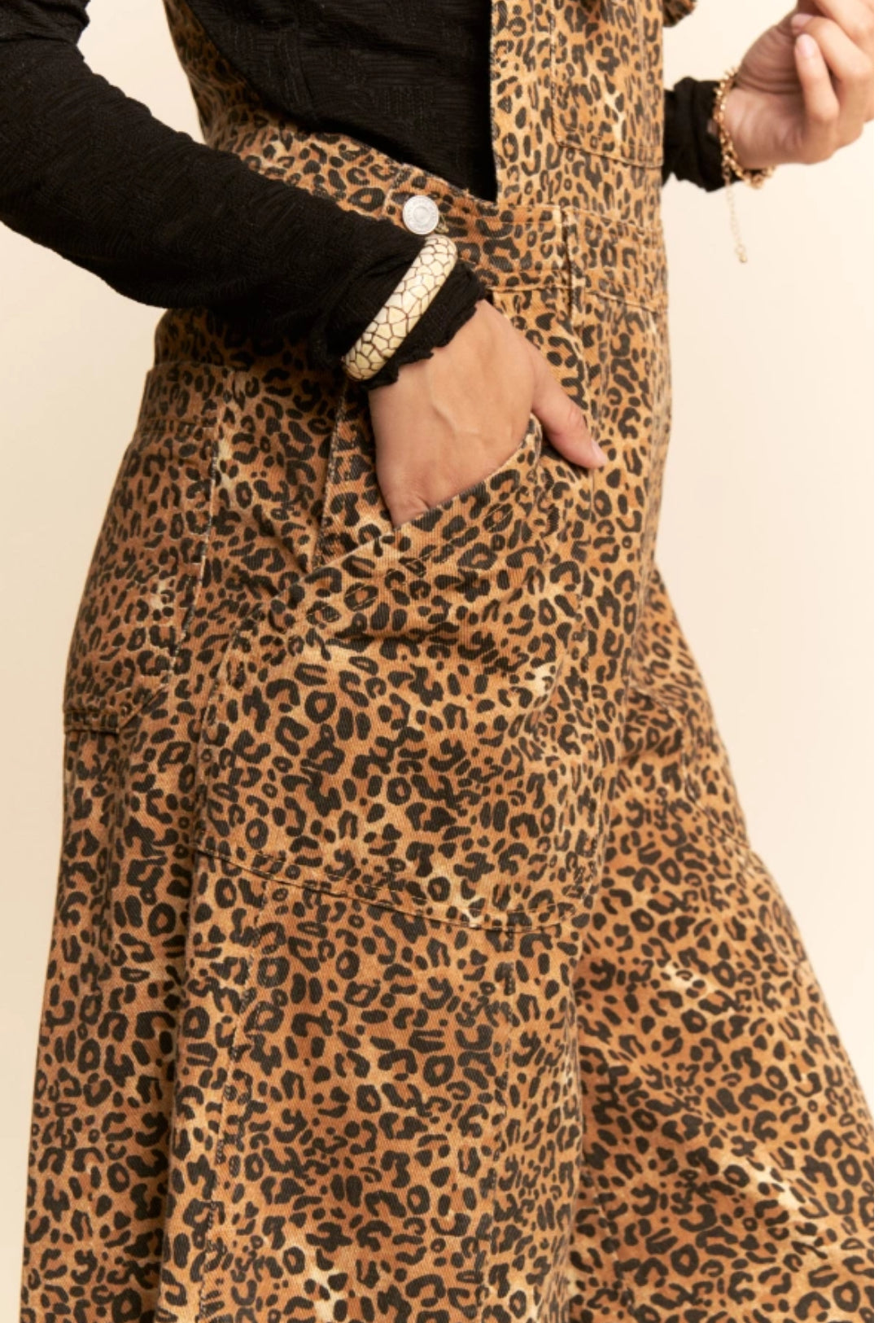 Animal Printed Denim Wide Open Leg Overall Pants