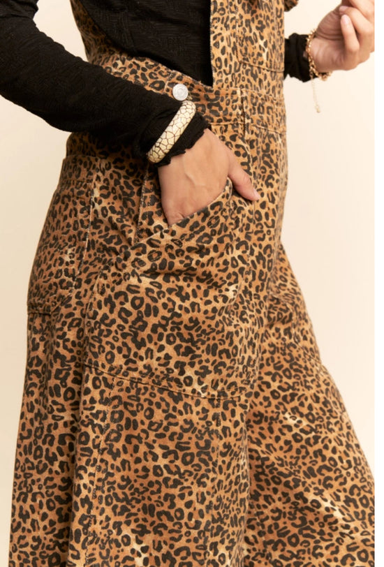 Animal Printed Denim Wide Open Leg Overall Pants