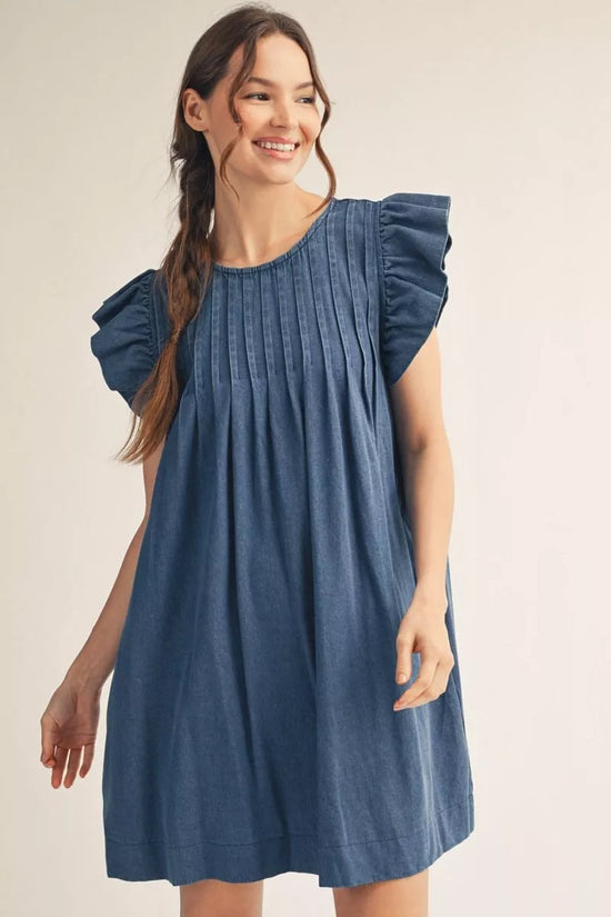 Pleated Flutter Sleeve Denim Dress