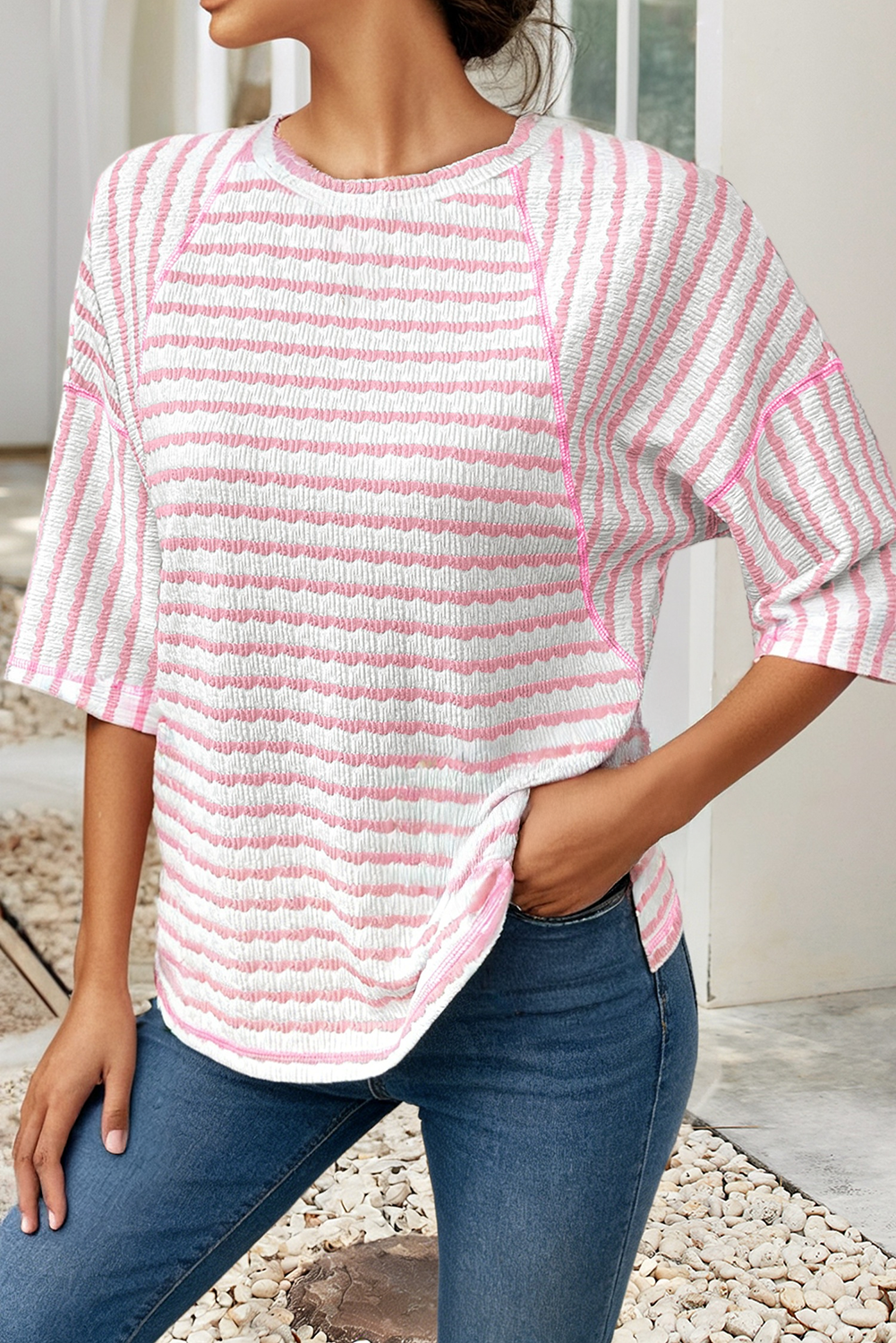 Striped Textured Knit Split Top