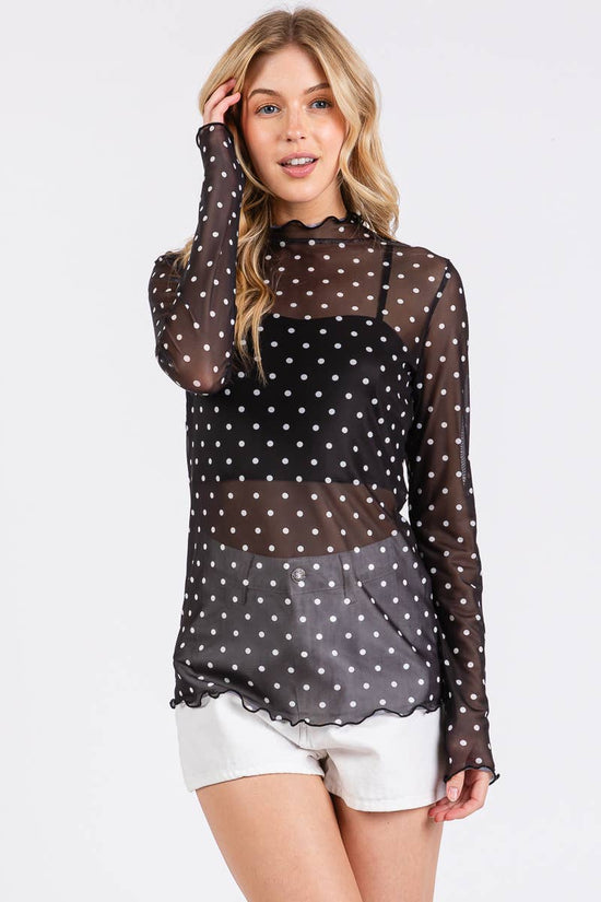 Polka Dot Mesh Long Sleeve Top