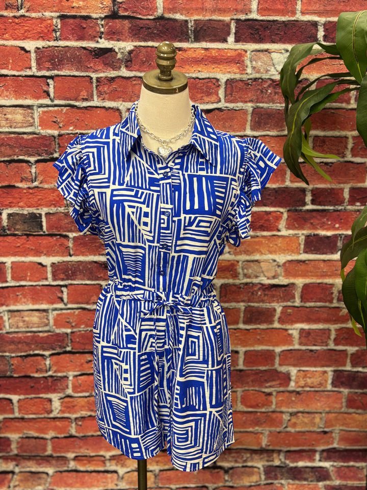 Royal Blue Geo Print Ruffle Sleeve Romper *FINAL SALE*