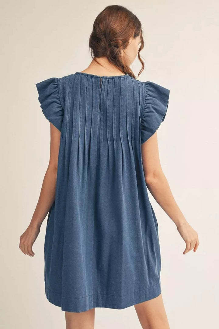 Pleated Flutter Sleeve Denim Dress