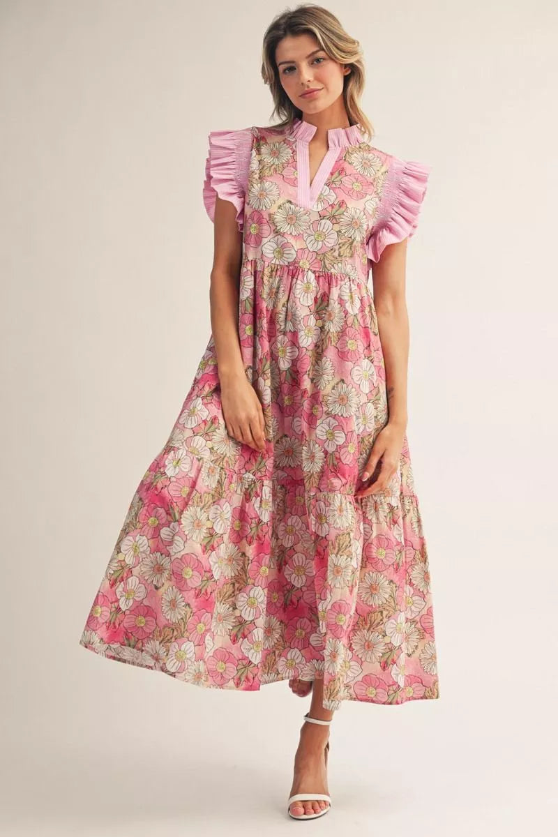 Blushing Bloom Ruffle Midi Dress