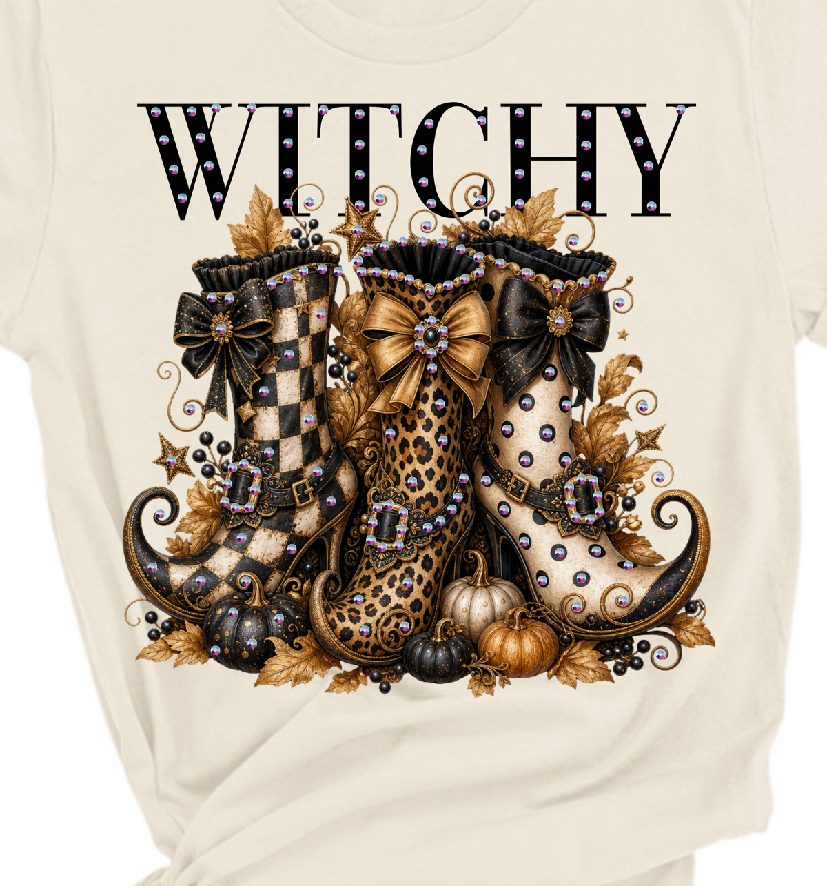 Witchy Boots Blingy Rhinestone Graphic Fall Tee
