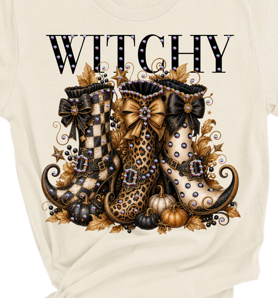 Witchy Boots Blingy Rhinestone Graphic Fall Tee