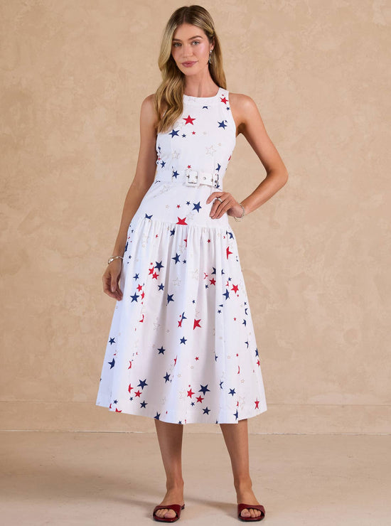 Star Printed Belted Sleeveless Midi Dress