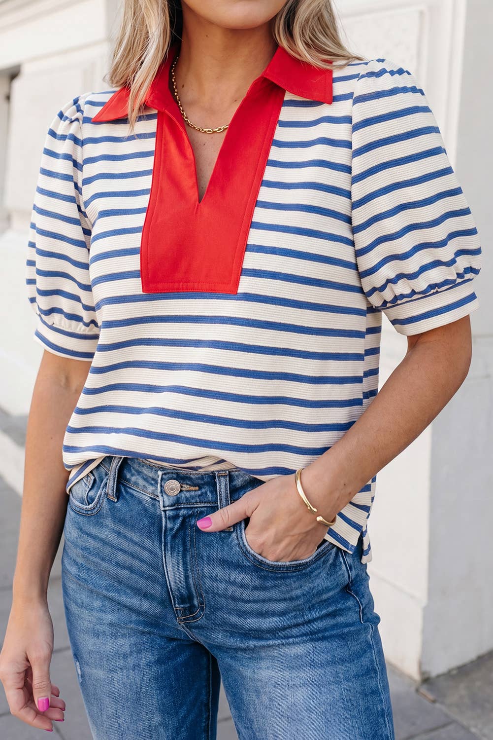 Stripe Short Puff Sleeve Collared Blouse
