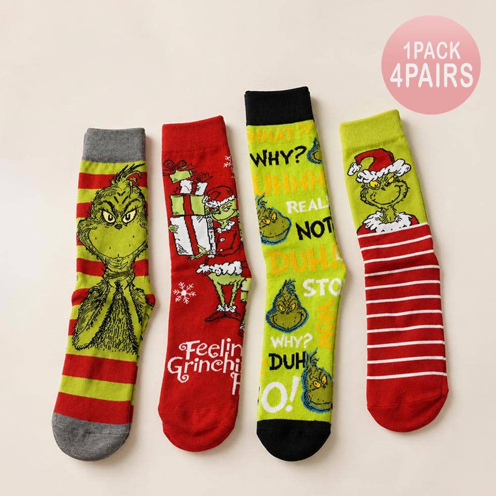 4Pairs - Holiday Grinch Character Printed Christmas Bundle Gift Socks Set