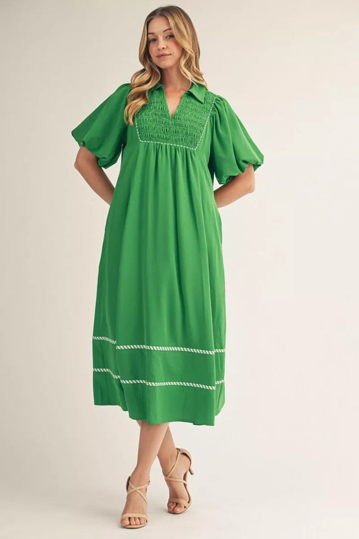 Smocked Bodice Puff Sleeve Midi Dress 💚