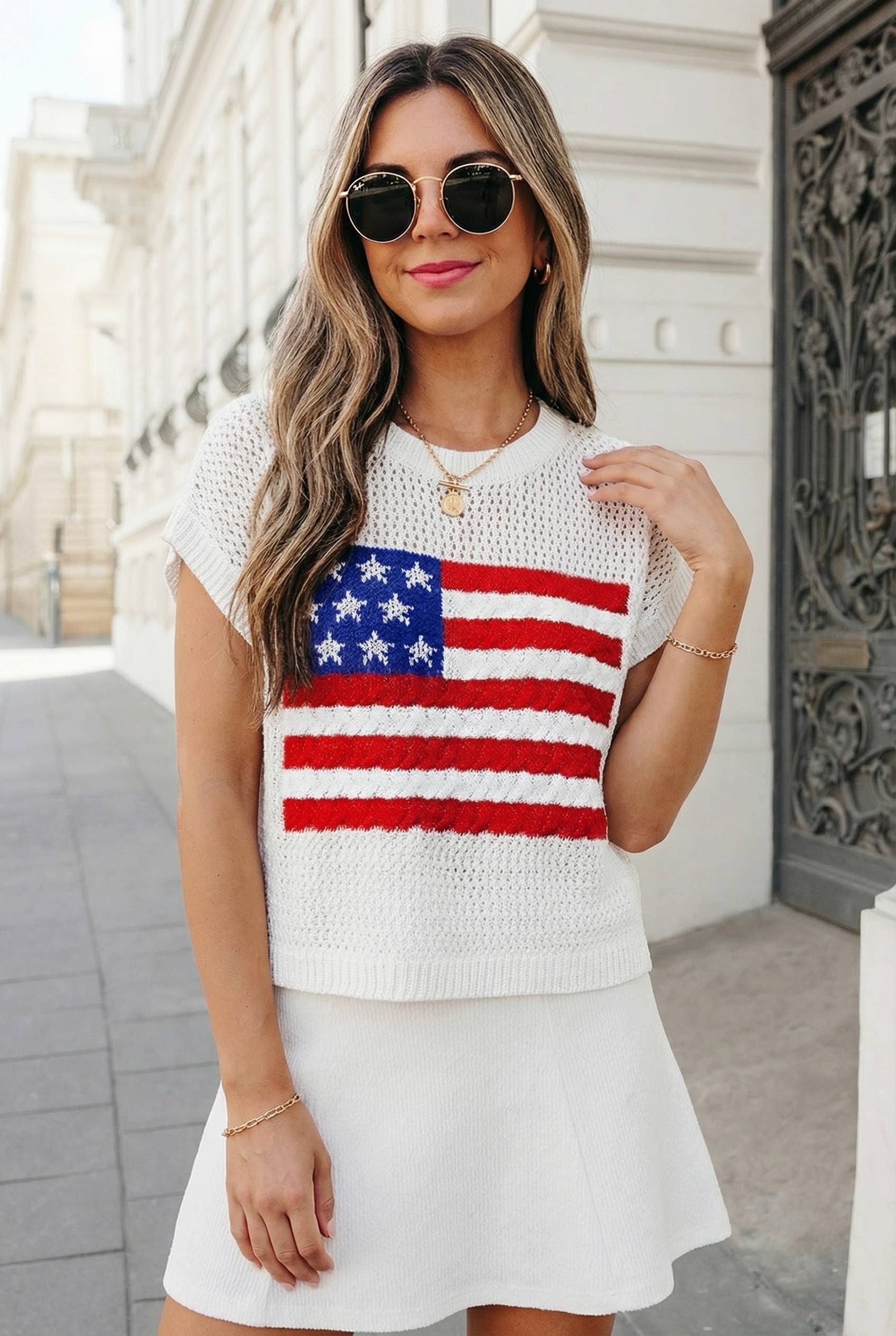 USA Flag Graphic Short Sleeve Sweater Top