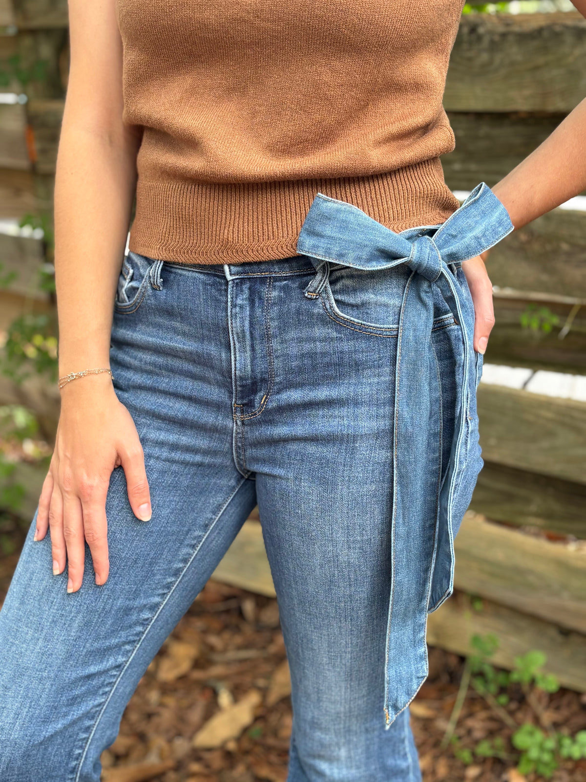 Denim Tie Neck Sleeveless Knit Top