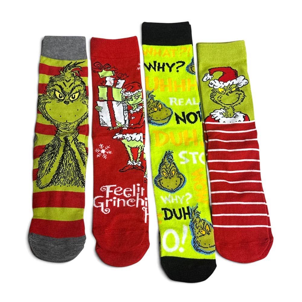 4Pairs - Holiday Grinch Character Printed Christmas Bundle Gift Socks Set