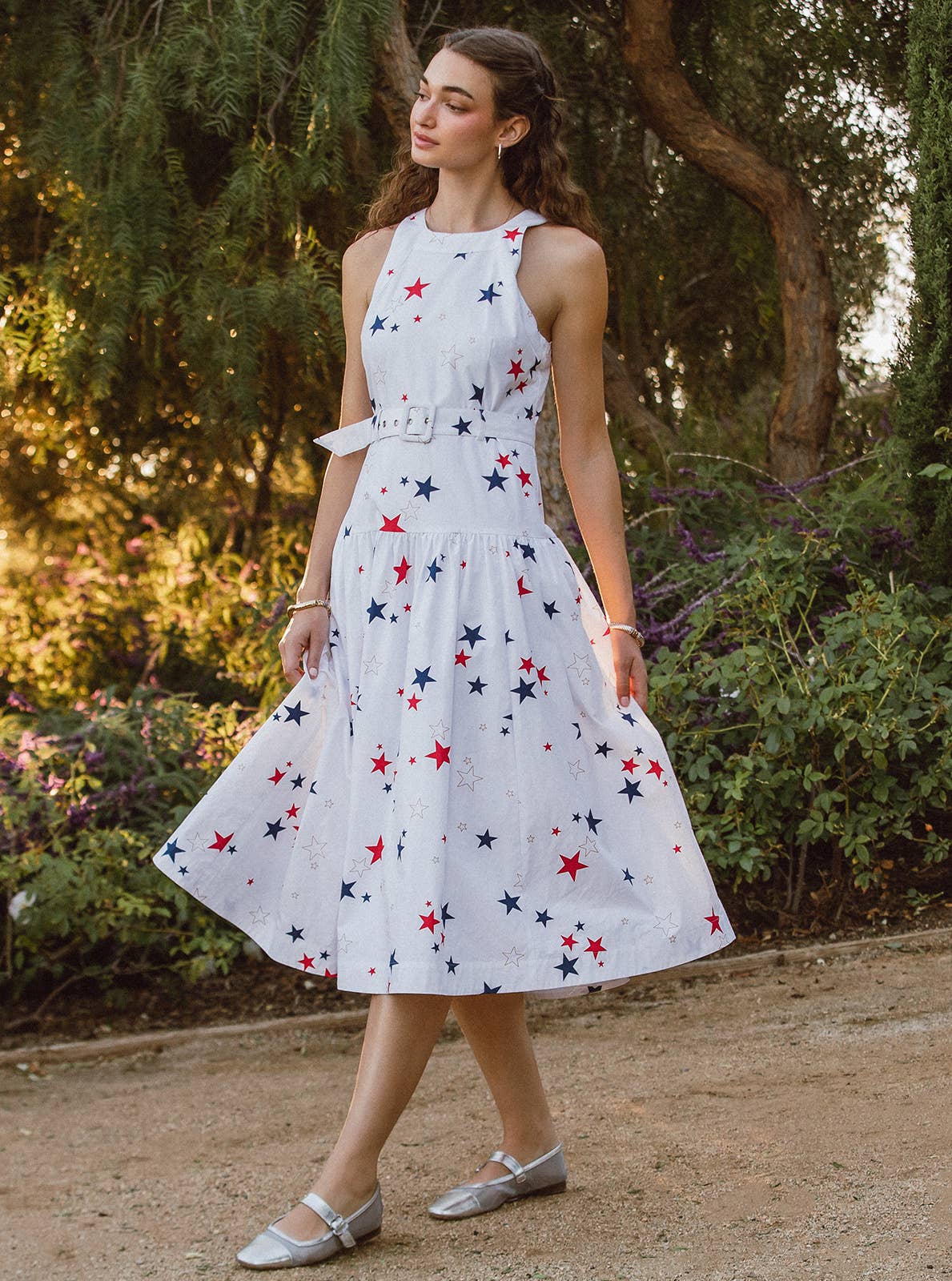 Star Printed Belted Sleeveless Midi Dress