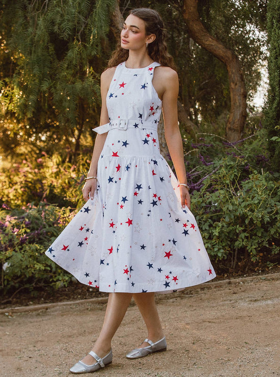 Star Printed Belted Sleeveless Midi Dress
