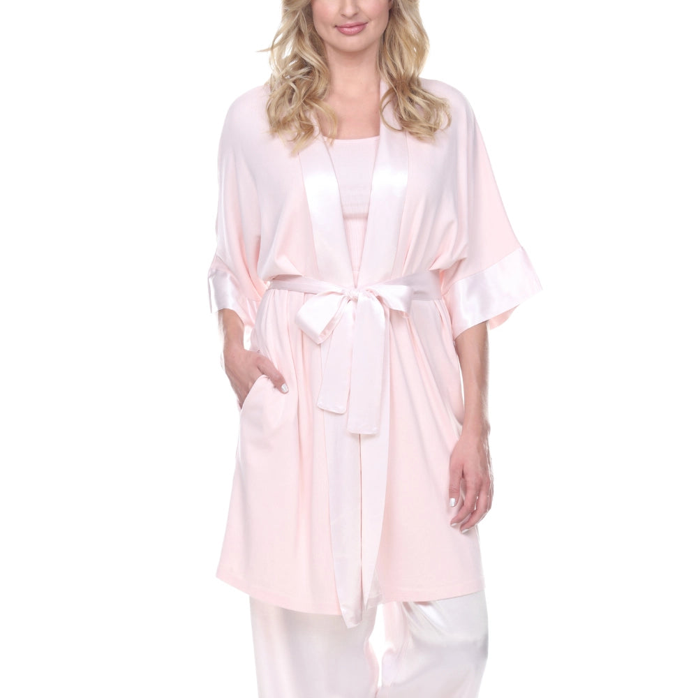 Shala Rib Knit Kimono Robe With Satin Belt And Trim