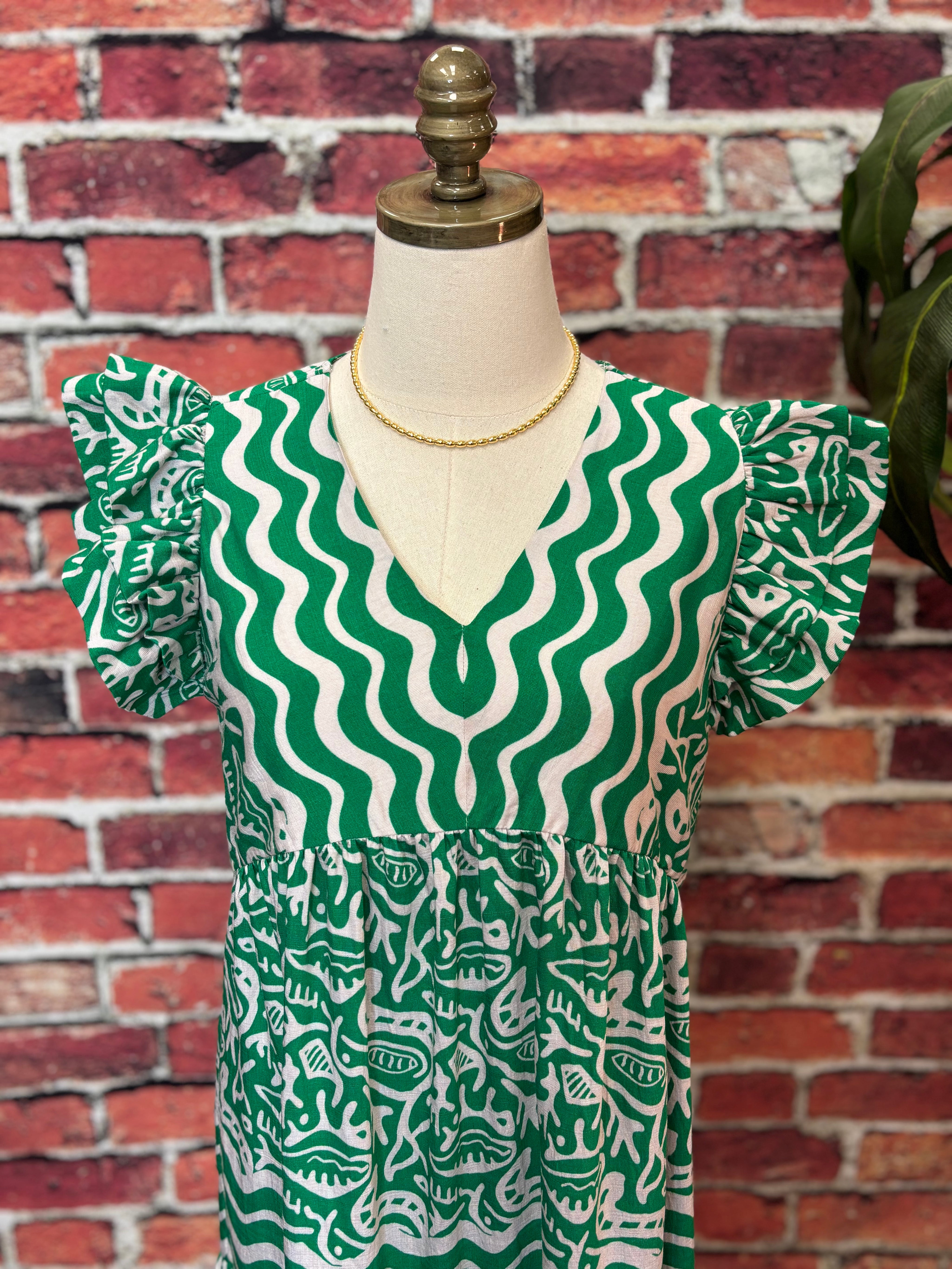 Emerald Wave Ruffle Midi Dress