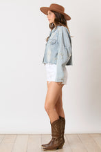 Load image into Gallery viewer, Crop Denim Pearl Bow Embellishment Jacket
