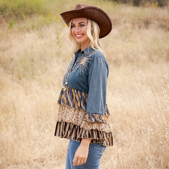 Vintage Boho Denim Yoke Patchwork Tiered Tunic Top