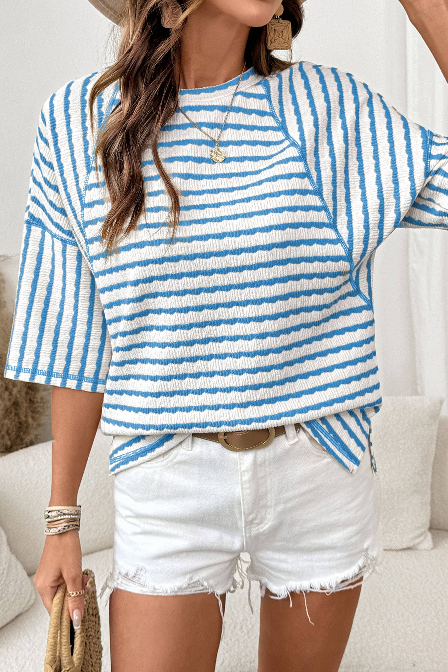 Striped Textured Knit Split Top