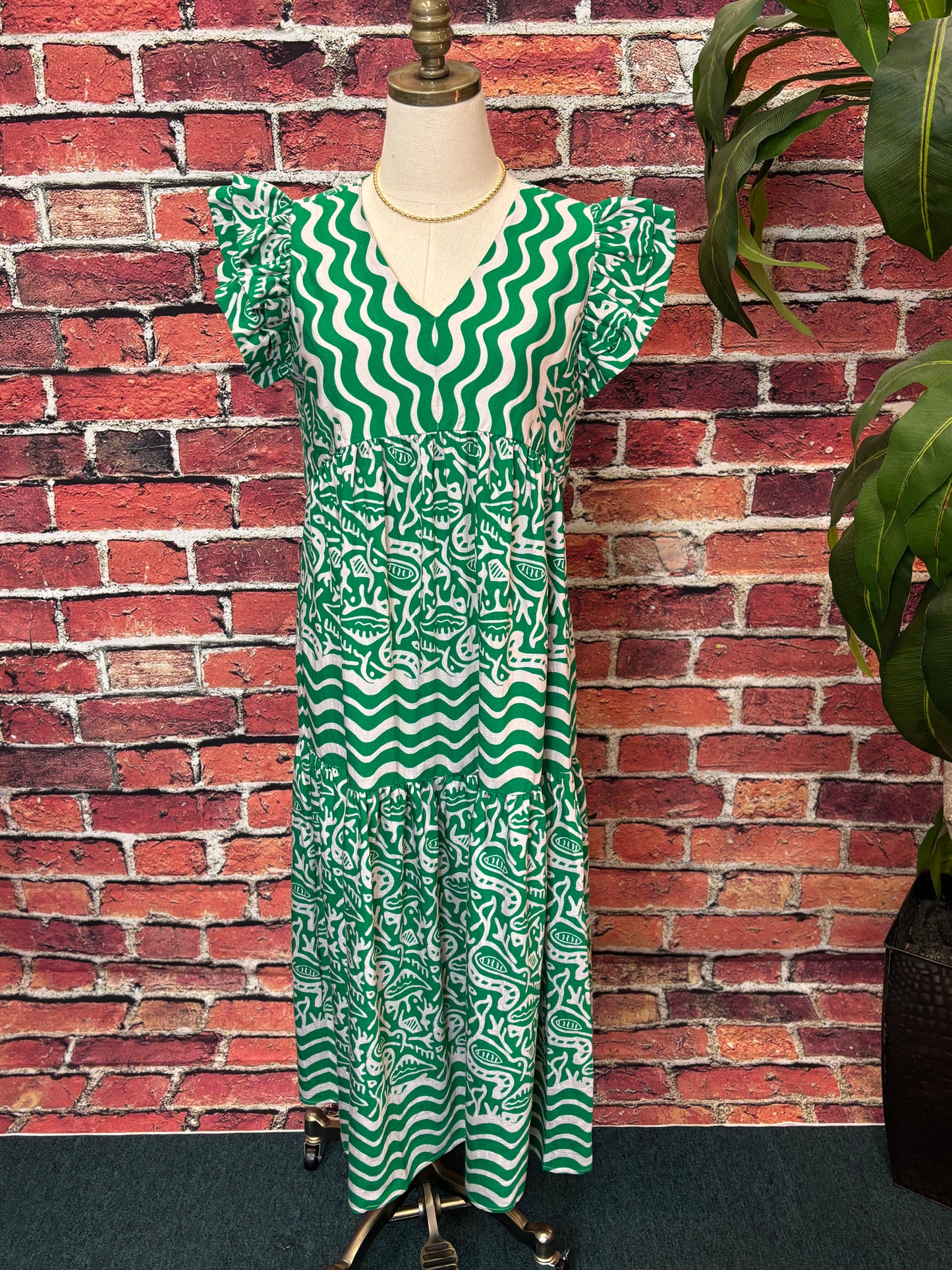 Emerald Wave Ruffle Midi Dress
