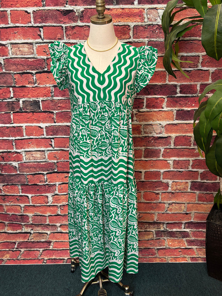 Emerald Wave Ruffle Midi Dress