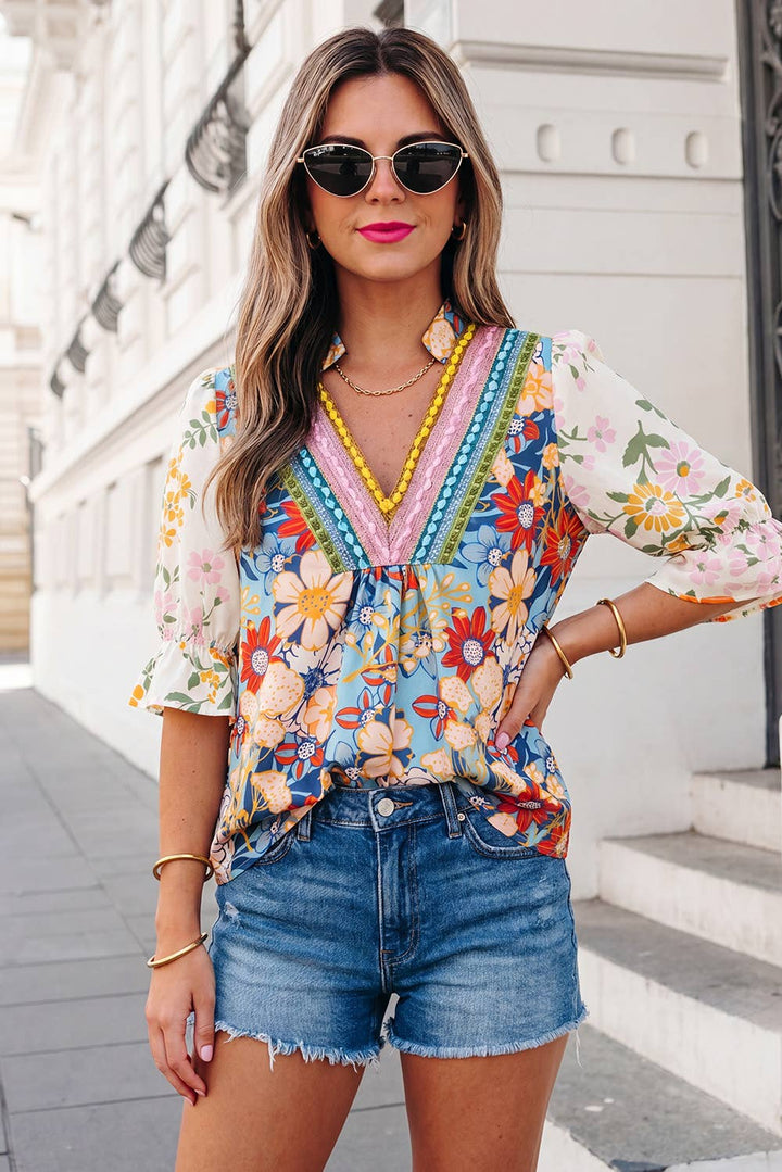 Boho Floral Crochet V Neck Half Sleeve Blouse