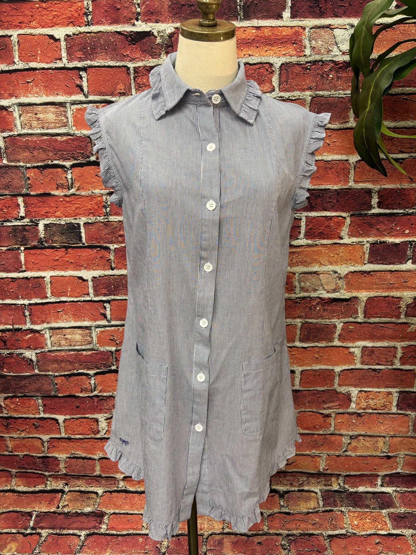 Blue & White Ruffle Button-Down Shirt Dress