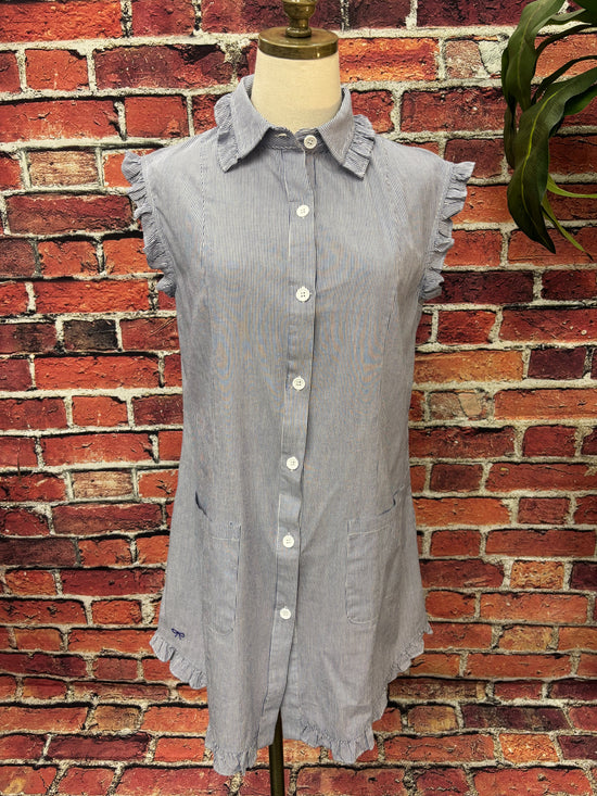 Blue & White Ruffle Button-Down Shirt Dress