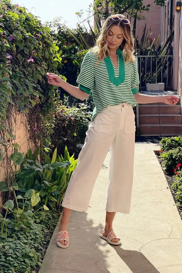 Scalloped Pocket Wide-Leg Crop Pants