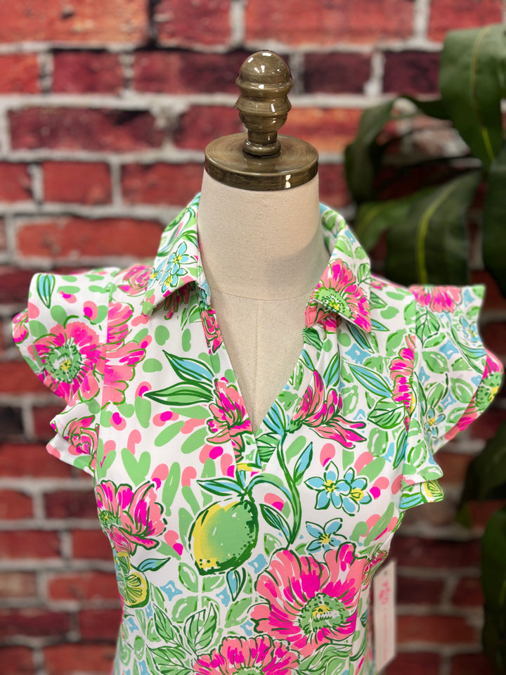Lemon Blossom Ruffle Polo Top