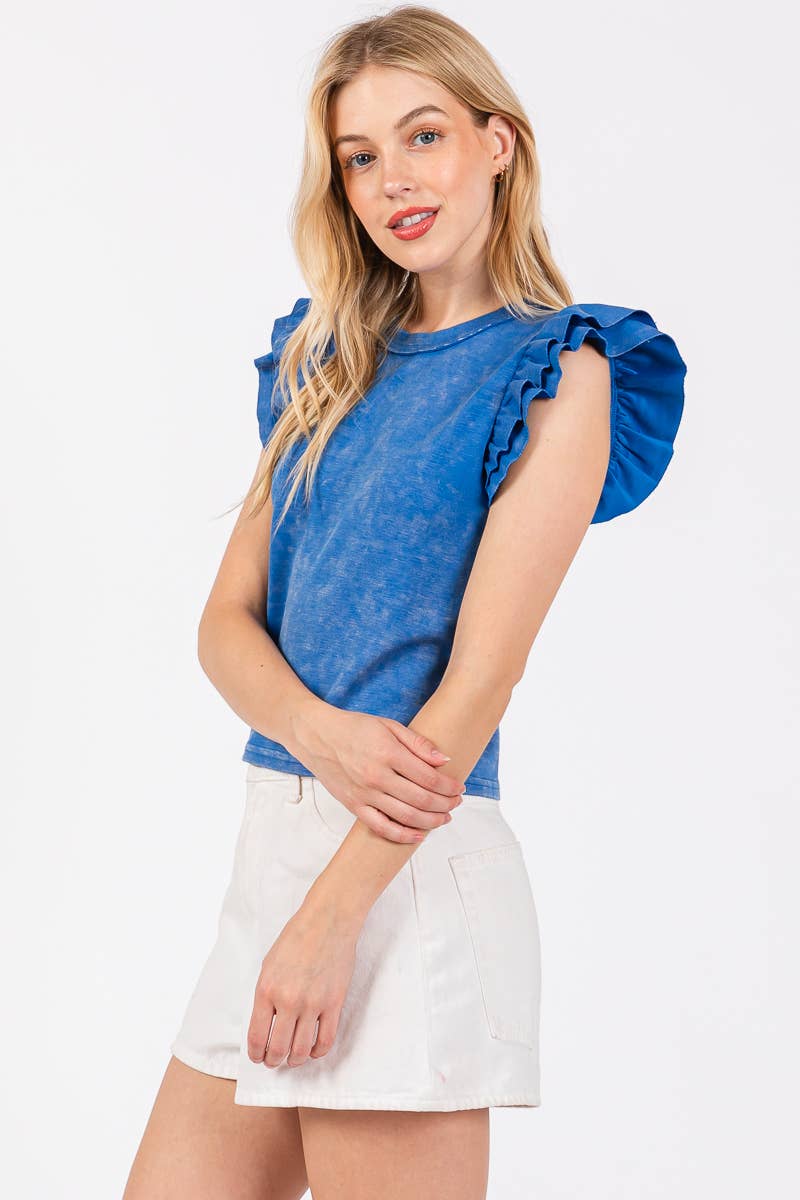 Mineral Washed Ruffle Sleeve Top