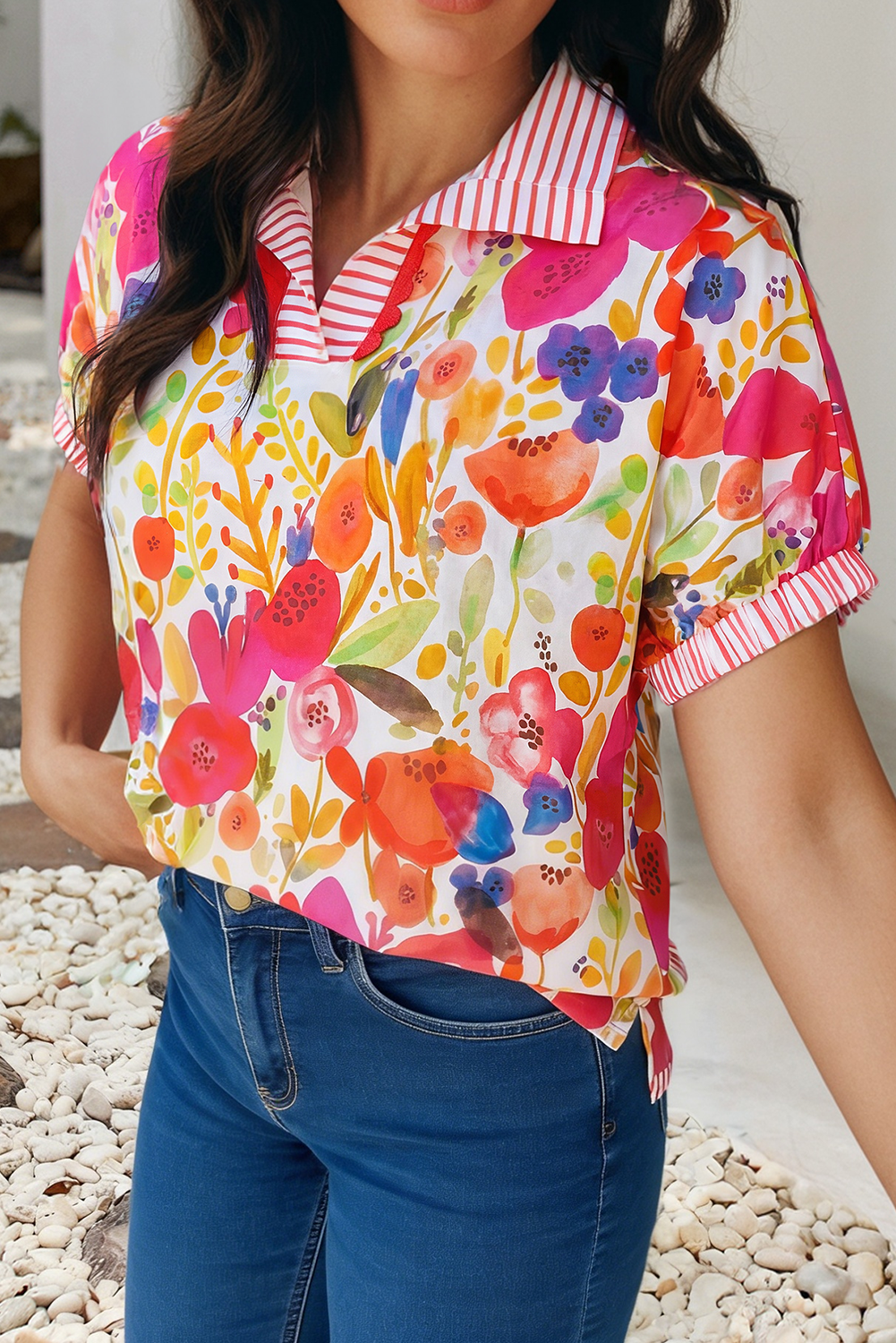 Striped Trim Collared V Neck Short Sleeve Floral Blouse